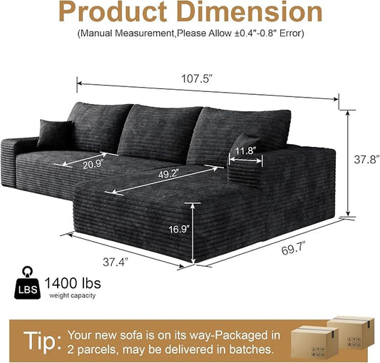 AUGOP 108" Sectional Couches for Living Room Modern Modular Sofa with L-Shape Couchs Upholstered Boneless Couch Deep Seat Sectional Couch with Chaise (Black, Right Facing Chaise+2Seaters)