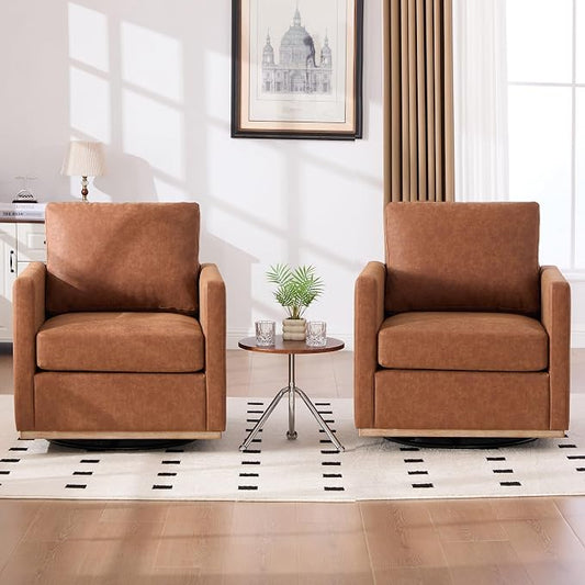 Aoiy & Wifon 30.7" W Swivel Accent Chair Set of 2, Mid Century Modern Swivel Chairs for Living Room, Comfy Small Accent Chair, PU Leather, Brown
