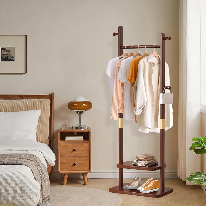 Wooden Coat Rack Freestanding, Hall Tree Hanger With Resin Hooks, Adjustable Heavy Duty Coat Rack for Hanging Clothes Bags Hats in Living Room Bedroom (coat rack, Walnut-23.6x11.4x62.6 in)