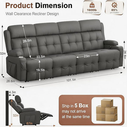Reclining Couch, 113" PU Leather Sofa Recliner with Massage - 4 Seat Home Theater Seating Comfy Soft, Manual Wall Hugger Reclining with Lumbar Support Sofa Set for Family Living Room, Dark Gray