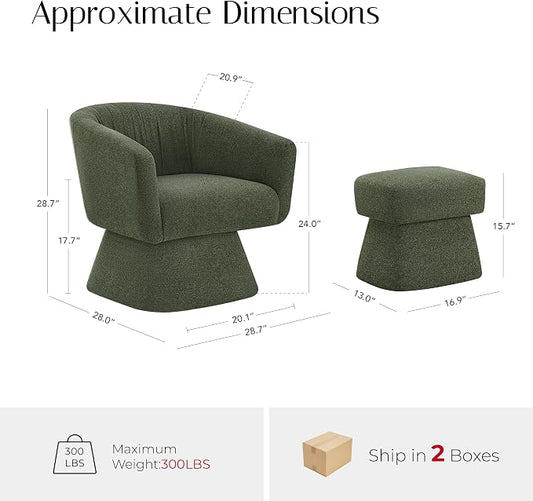Zerel's Home Swivel Accent Chair with Ottoman, Upholstered Barrel Accent Chair, Modern Accent Chair with Pleated Backrest and Arms, Boucle Armchair for Living Room Bedroom, Set of 2, Green