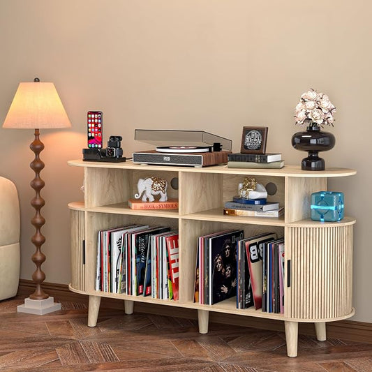 LUVIOHOME Large Round Record Player Stand with Charging Station & USB Ports,Record Storage Cabinet, Mid Century Modern Turntable Stand for Bedroom Living Room (Oak)