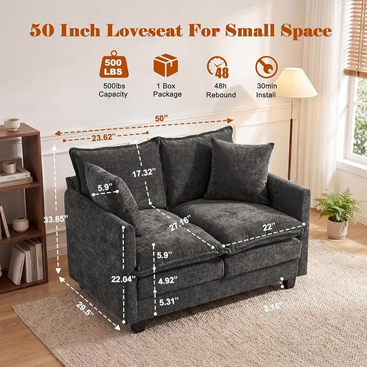50'' Loveseat Sofa Cloud Sofa Couch, Modern Loveseats 2 Seat Couch 27" Deep Seat with 2 Pillows for Small Spaces Apartment Studio Office Bedroom Living Room, Grey