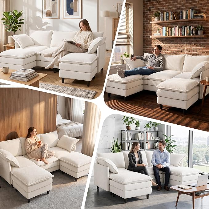 3 Seater U-Shape Couch Sofa with Ottomans, 69" Small Couch Modern Comfy Cloud Sofa with 23" Deep Washable Pillow ChenilleCover Couches for Living Room Bedroom Apartment Office 69-Beige-U