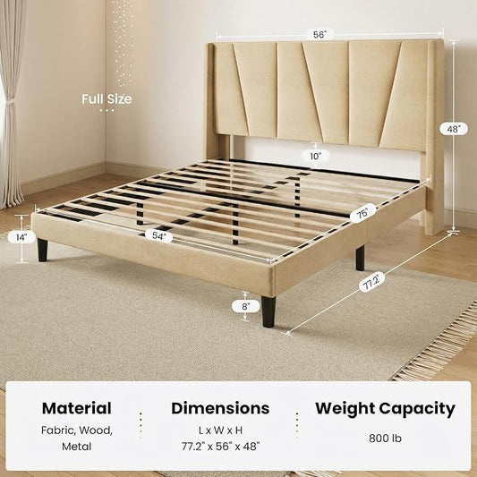 SHA CERLIN Full Size Bed Frame with Geometric Wingback Headboard, Upholstered Platform Bed with Wooden Slats Support, 8" Under-Bed Space, No Box Spring Needed, Easy Assembly, Beige