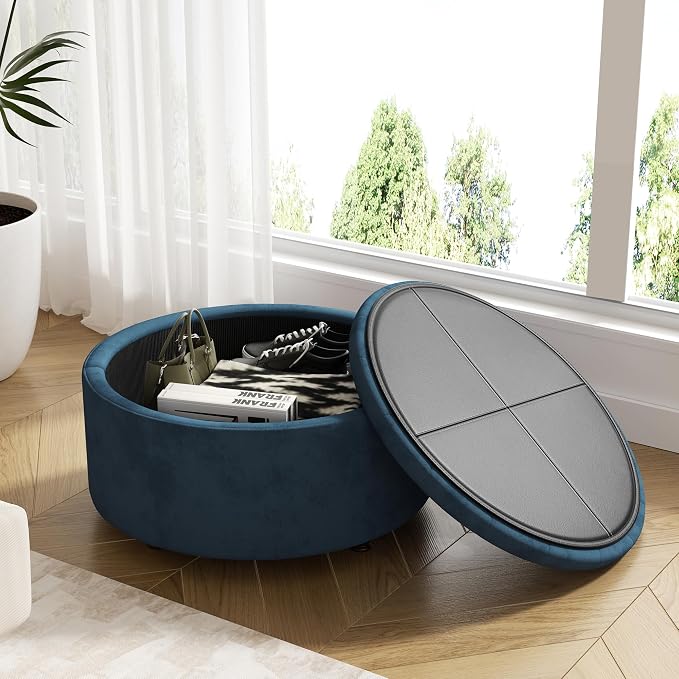 30 Inch Round Storage Ottoman,Modern Blue Tufted Ottomans,Circular Coffee Table with Removable Top,Upholstered Large Ottoman with Storage Footrest Stool for Bedroom Living Room (Blue)