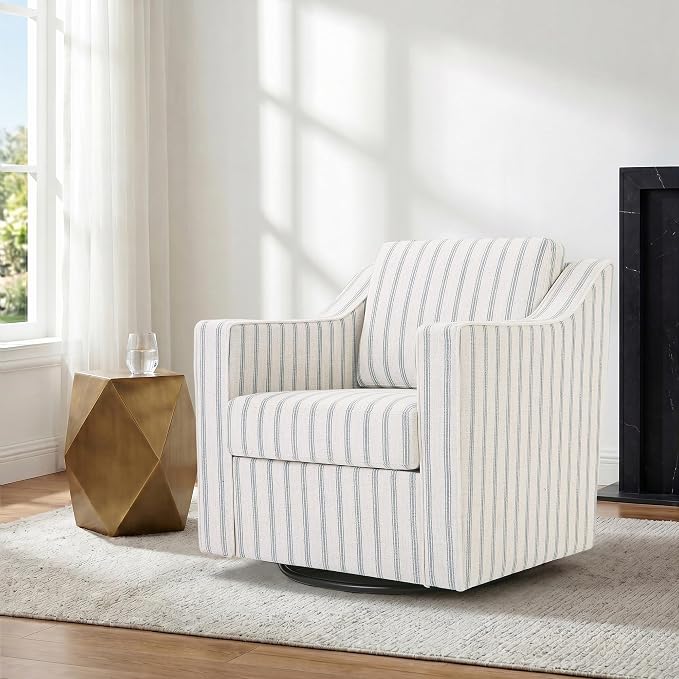 Swivel Accent Chair, Modern Round Barrel Arm Chair for Living Room, Bedroom, Comfy Club Reading Chairs for Adults (Pinstripe Light Blue, Set of 1)