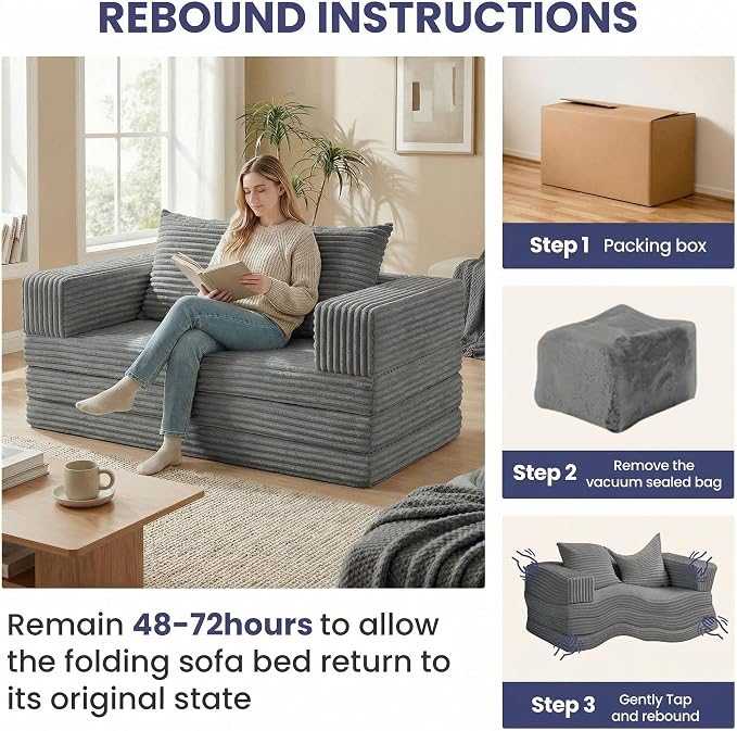 Convertible Sofa Bed, 4-in-1 Boneless Loveseat with Removable Armrests Backrest, Corduroy Futon Couch Bed with Pillow, Foldable Mattress Sleeper Sofa for Living Room Bedroom Small Place (Grey)