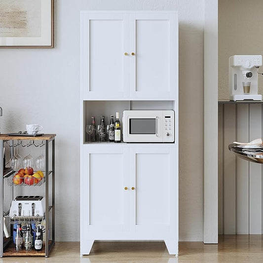 69" Tall Metal Pantry Cabinet with Microwave Stand,Microwave Storage Cabinet with 4 Doors & 3 Adjustable Shelves for Kitchen (4doors-White, 13.78" D x 27.54" W x 68.9" H)