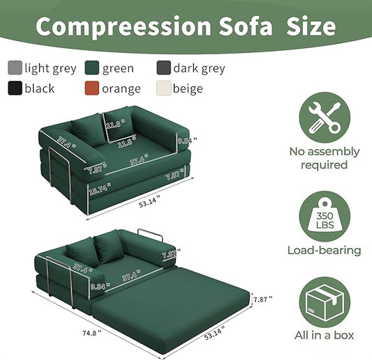 4 in 1 Convertible Sofas Boneless Couches with 2 Pillow, Modern Corduroy Futon Bed, Modular Queen Sofa with Pull-Out Bed, LoveSeat for Living Room, Small Space Apartment (Green, 53.15"Double Sofa)