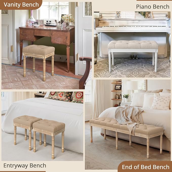 LUE BONA Upholstered Fabric Vanity Bench Seat, Makeup Stools for Vanity, Square Tufted Ottoman Bench with Carved Wood Color Legs for Bedroom Living Room, Wheat Color