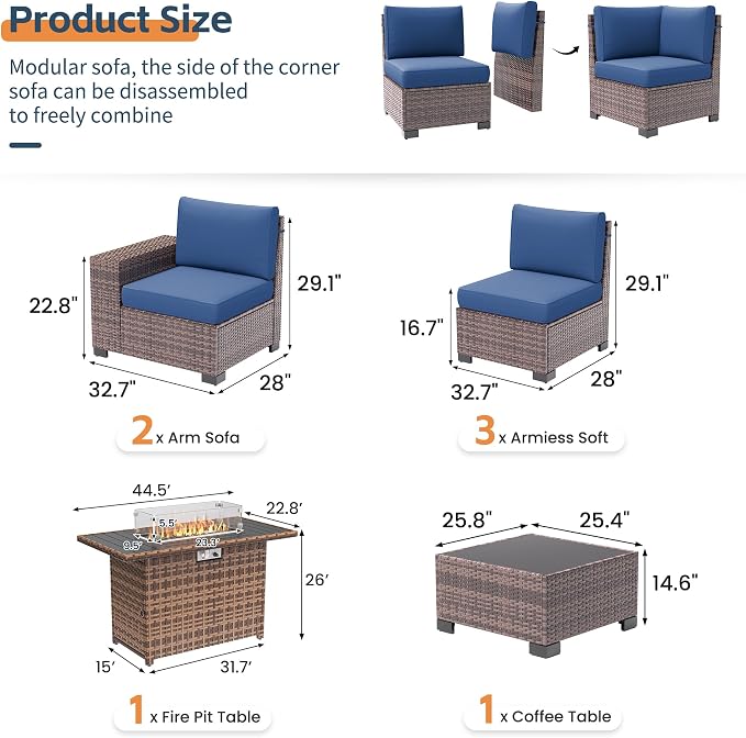 UDPATIO Patio Furniture Set with Fire Pit Table, 8 Inch Armrest 7 Piece Outdoor Sectional Sofas, All-Weather Wicker Conversation for Garden, Backyard, Brown/Navy Blue