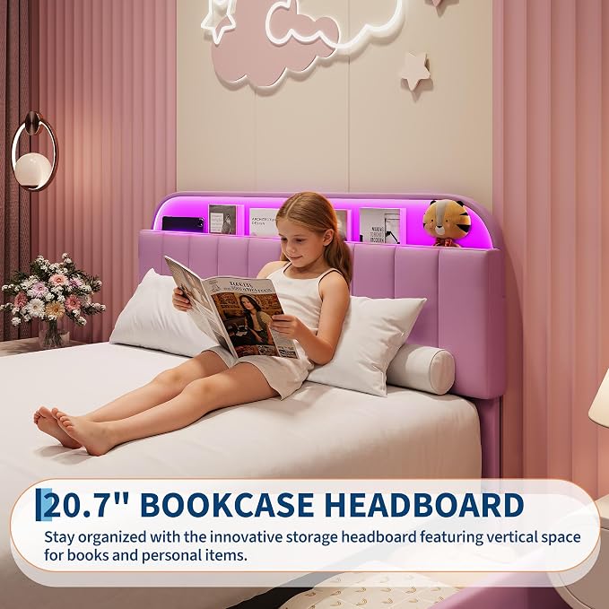 Garvee Full Size Bed Frame with 2 Flexible Drawers, Upholstered Platform Bed Frame with Bookcase Headboard and LED Lights, Kids Bed for Girls, Easy Assembly, Noise Free, Purple