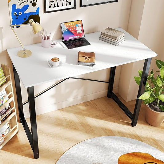 DUMOS 55 Inch Computer Desk for Home Office, Modern Study Work Table Simple Style for Bedroom Small Space, Large Writing Desks with X-Shaped Reinforcement, Wood White