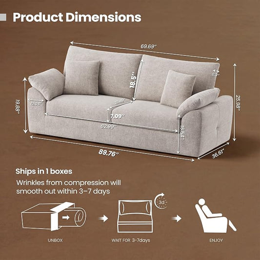90" Boneless Loveseat Sofa, Polyester Fabric 2-Seater Couch with 4 Pillows, No Assembly Required, Soft High Density Foam Cushion, Rectangular Track Arm Sofa for Living Room Bedroom Apartment (Camel)