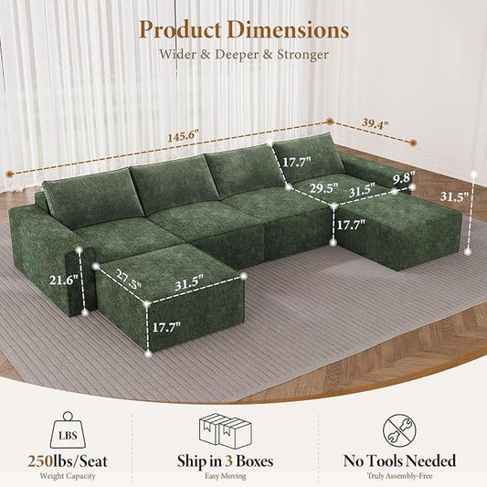 Vesgantti 145.6" Modular Boneless Couch, Modern U Shaped 6 Seater Sectional Sofa with 2 Ottoman & Deep Seat, Convertible Chenille Cloud Couches for Living Room, No Assembly Required, Green