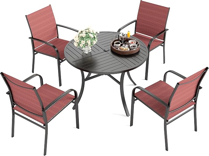 HERA'S HOUSE 5 Pieces Patio Dining Set, Outdoor Table and Chairs Set for 4, 4 x Red Textilene Dining Chair and 42" Metal Round Table for Lawn Garden Backyard Deck