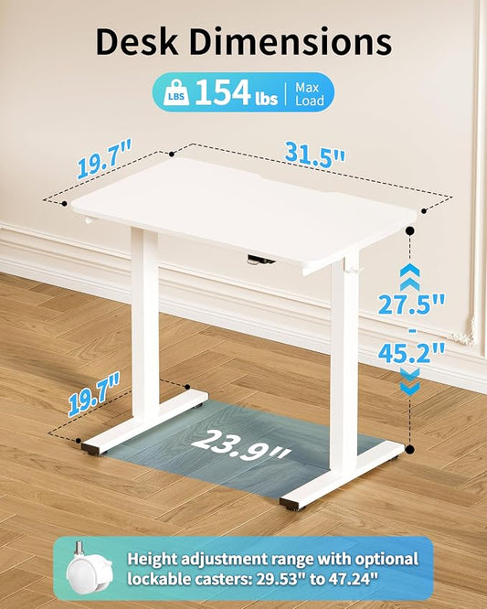 Okin Electric Standing Desk 31.5x19.7 Inches Small Computer Desk-Whole Piece Stand up Desk with Wheels Gaming Rolling Home Office Desks, White
