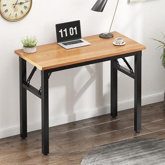 Need 31.5 Inch Folding Desk for Small Spaces, Home Office Computer Desk with Teak Wood Top & Black Frame, Foldable Writing Table for Study, Bedroom, Dorm Room & Student