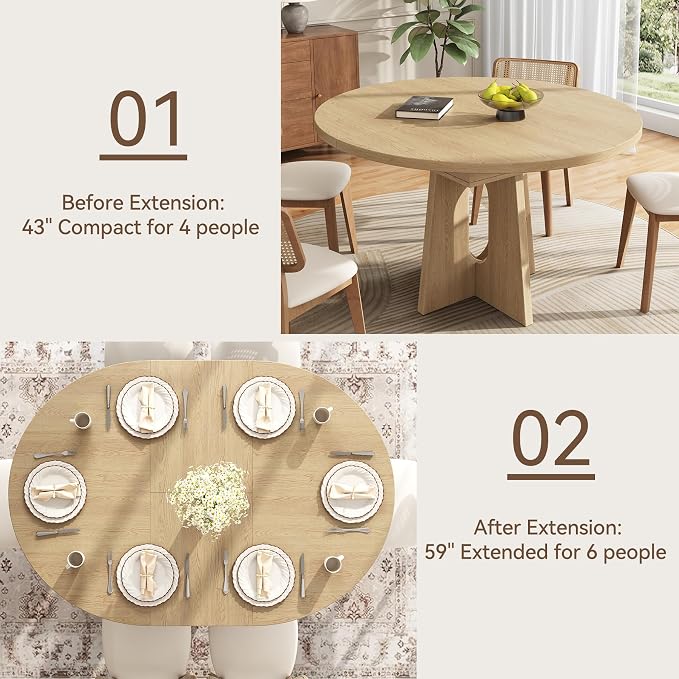 Epecoya 59-Inch Extendable Round Dining Table for Dining Room, 4-6 People Farmhouse Oval Wood Expandable Kitchen Dinner Table with Heavy Cross Pedestal for Living Room, Apartment, Light Oak