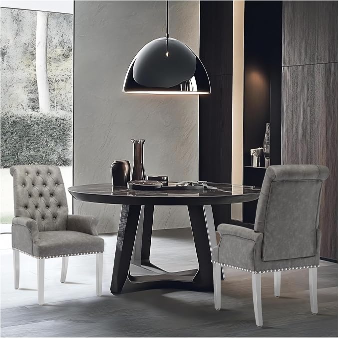 AODCHR Upholstered PU Leather Accent Dining Chair, Elegant Tufted Dining Room Kitchen Room Arm Chair with Stainless Steel Leg, Grey