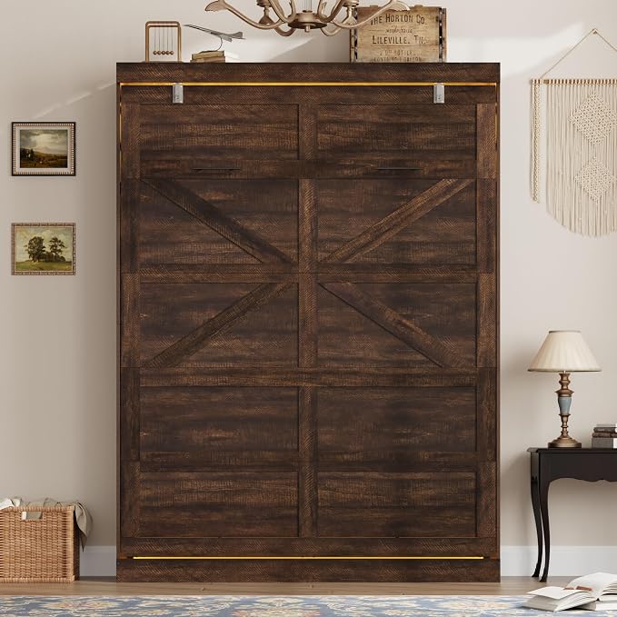 Hlivelood Full Size Murphy Bed with 2 LED Lights, Farmhouse Wood Hidden Foldable Wall Bed Frame w/Gas Struts, Storage Bed Cabinet for Bedroom, Office, Space-Saving, No Box Spring Needed, Brown