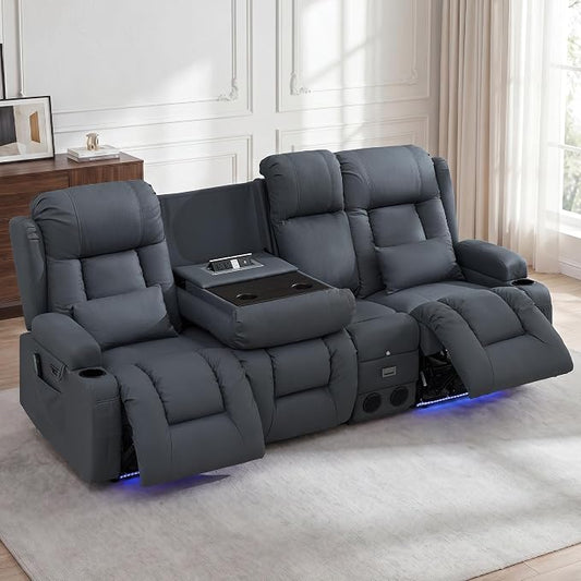 URRED Power Loveseat Recliner Sofa with Massage and Heat, Wall Hugger Reclining Loveseat with Console, RV Couch Home Theater Seating with LED Lights for Living Room (Blue Grey, 89.8" - 3 Seats)