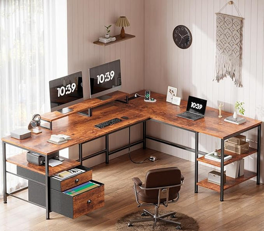 Furologee 66” L Shaped Desk with Power Outlet, Reversible Home Office Desk with File Drawer, 2 Monitor Stands, Storage Shelves, Corner Computer Table for Gaming, Writing, Rustic Brown