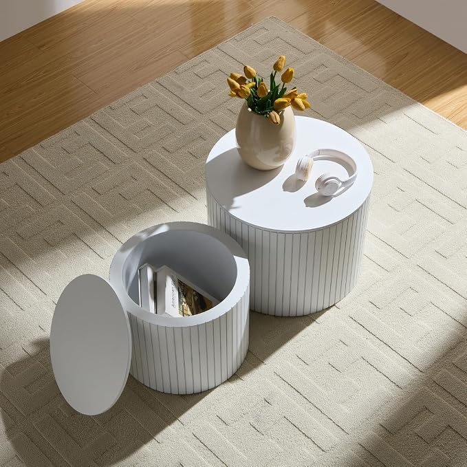 Nesting Coffee Tables Set of 2, Wooden Round Fluted Coffee Tables with Storage, Accent Drum Side Table, Luxury Modern Circle End Table for Small Spaces Living Room Bedroom Balcony Office, White