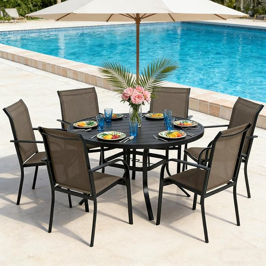 SUNCROWN 7 - Piece Outdoor Dining Set, Patio Furniture Set with 6 x Textilene Dinning Chairs and 53" Metal Round Table with Umbrella Hole for Lawn Garden Backyard Deck, Brown