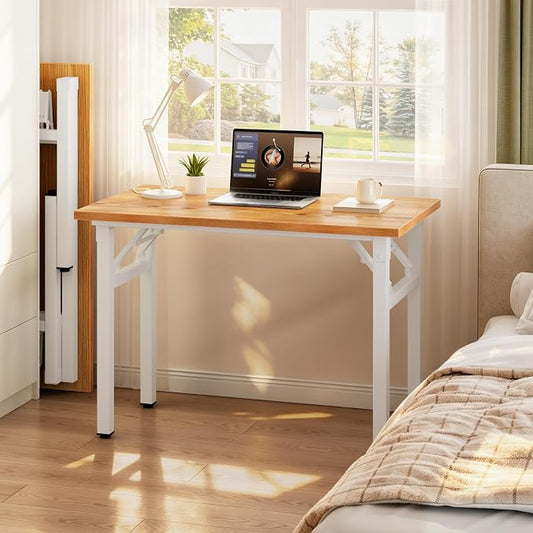 Need 35.8 Inch Folding Desk for Small Spaces, Home Office Computer Desk with Teak Wood Top & White Frame, Foldable Writing Table for Study, Bedroom, Dorm Room & Student