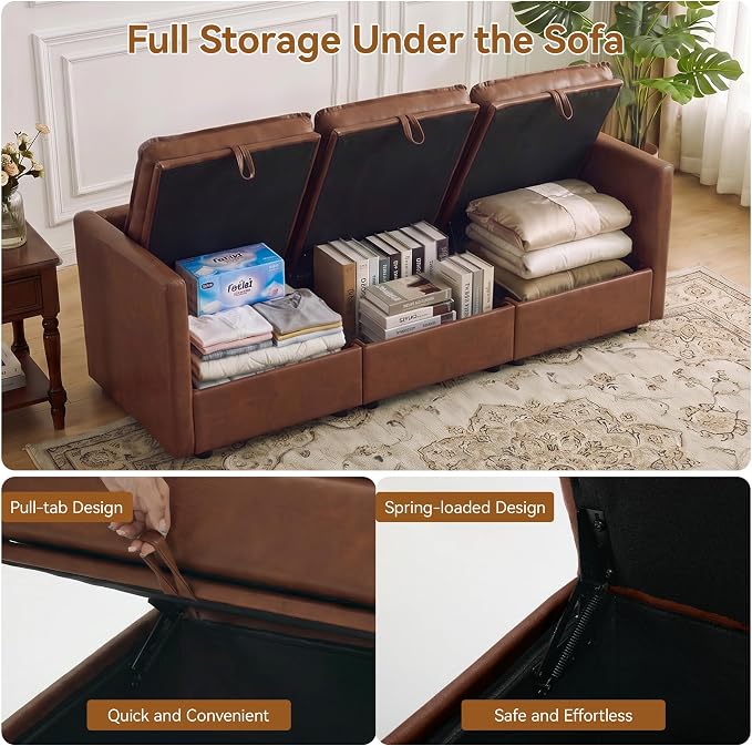 80" Brown Faux Leather Storage 3 Seater Sofa, Modular Sectional Cloud Sofa | Modern Deep Seat Cloud Upholstered Sofa with Armrest, Convertible 3 Seater Comfy Sofa for Living Room, Bedroom, Small spaces