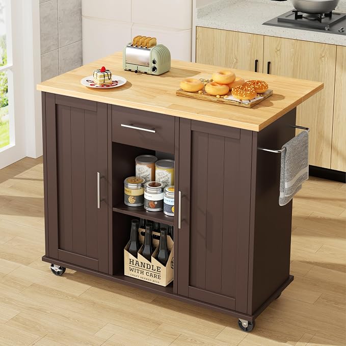 JY QAQA 42" Kitchen Island with Storage on Wheels, Rolling Table with Drop Leaf, Drawers, Cart Handle for Towel Rack or Free Movement, Brown