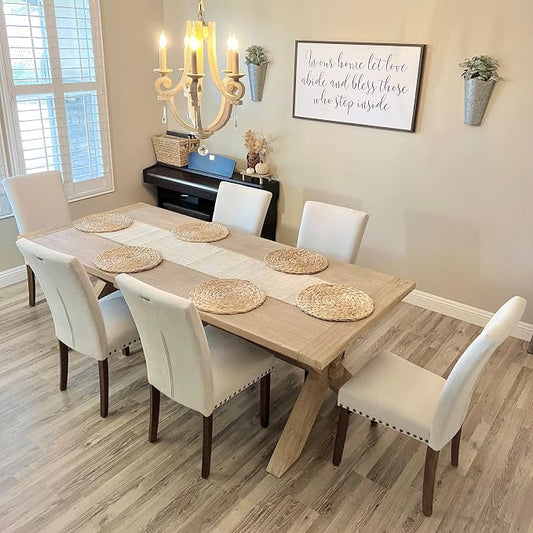 COLAMY Upholstered Fabric Dining Chairs Set of 6, High Back Padded Chairs with Nailed Trim & Solid Wood Legs, Classic Parsons Chairs Side Chair for Home/Kitchen/Living Room-Beige