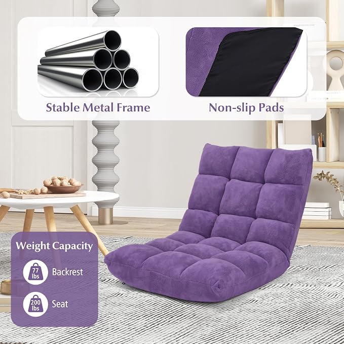 14-Position Floor Sofa, Folding Gaming Sofa Chair, Comfy Cushions & Study Steel Frame, Angle Adjustable Sleeper Bed, Couch Recliner (Purple)