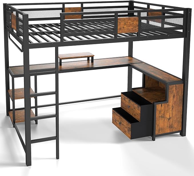 Bellemave Twin XL Loft Bed with Desk & Storage Fabric Drawers & Shelves, Metal Loft Bed Twin Size for Adults & Teens, Twin Loft Bed Frame for Apartments & Dorm, No Box Spring Needed, Black