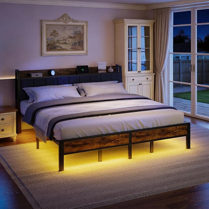 Liians King Size Bed Frame with USB Charging Station, Storage Headboard with Smart LED Lights, Metal Platform Bed Noise Free, No Box Spring Needed, Easy Assembly
