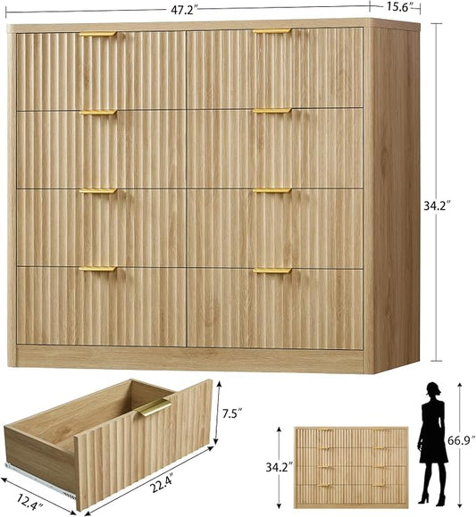 TEENOFN Fluted Dresser for Bedroom with 8 Drawers, 47.2" Wide Modern Chest of Drawers with Metal Handle, Dresser TV Stand, Wood Closet Clothes Storage Organizer for Living Room, Hallway, Natural