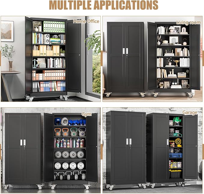 74" H Metal Pantry Storage Cabinet with Wheels,Rolling Kitchen Pantry Cabinet with 2 Doors and 5 Adjustable Shelves, Locker Steel Cabinet,Organization Cabinet for Garage,Home,Gym,School,Black