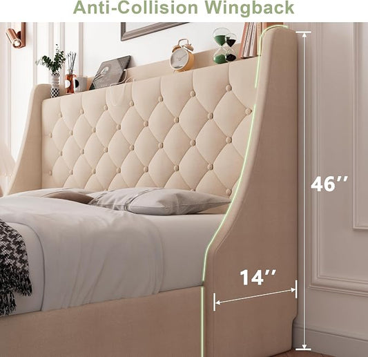 Feonase King Size Bed Frame with 4 Storage Drawers, Upholstered Storage Bed with Charging Station, Tufted Wingback Headboard, No Box Spring Needed, Beige