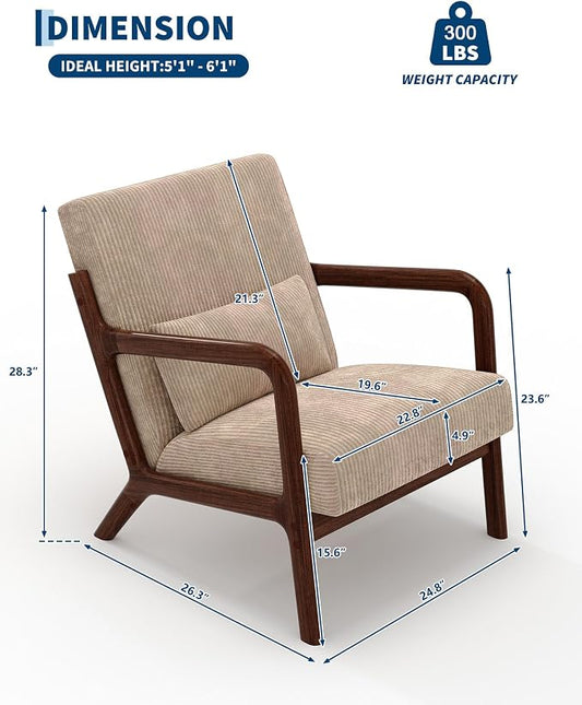 Garvee Mid-Century Modern Accent Chair, Wide-Wale Corduroy Upholstery, Solid Wood Armchair with Removable Lumbar Pillow, Sturdy Reading Chair for Living Room, Bedroom, Guest Room, Easy Assembly, Brown