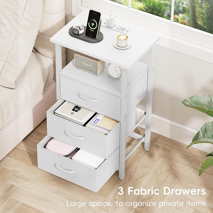 Vagusicc Nightstand Set of 2 with Charging Station, Bedside Table with USB Ports and Outlet, End Table Side Table with 2 Fabric Drawers and Storage Shelf, Bed Side Table Night Stand for Bedroom, White