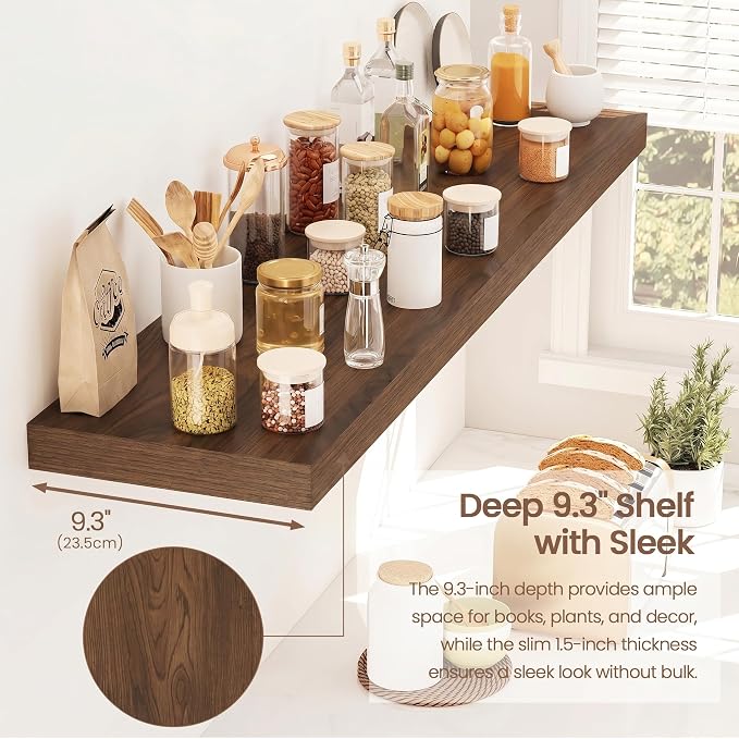 Vivelove Walnut Floating Shelves 40 Inches Long, Wall Display Shelves with Invisible Brackets, for Bathroom Living Room Kitchen Bedroom Office Farmhouse Home Decor, 40x9.3X 1.5 - Set of 2, Walnut