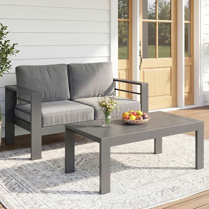 Solaste Aluminum Outdoor Loveseat with Coffee Table,2 PCS Patio Furniture Set with Cushions, All-Weather Outdoor Patio Sofa Sets for Balcony, Deck, Backyard, Porch, Garden, Dark Grey