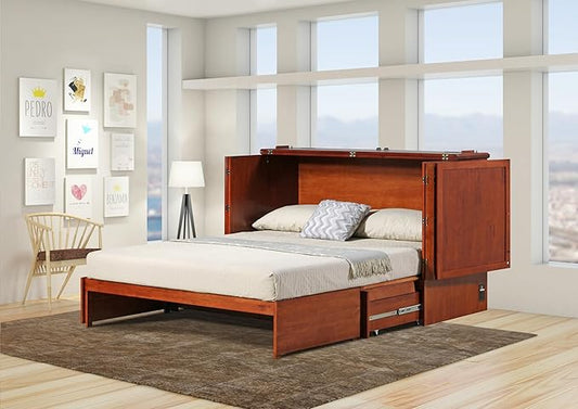 Mega Solutions Emurphybed Paradiseo Murphy Cabinet Chest Bed with Charging Station 8 Inch, Queen (Cherry)