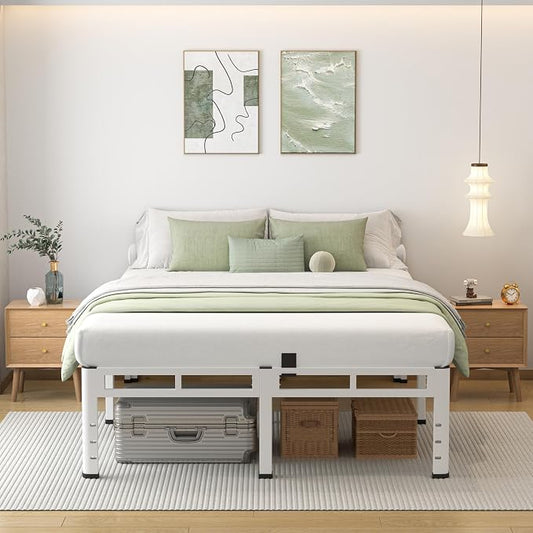 NKZ 20 Inch Queen Size Bed Frame, Metal Bed Frame & Box Spring 2 in 1 Platform with Round Corner Legs, 4000lbs Weight Capacity Reinforced Metal Frame, Headboard Hole, Noise-Free, Easy Assembly.