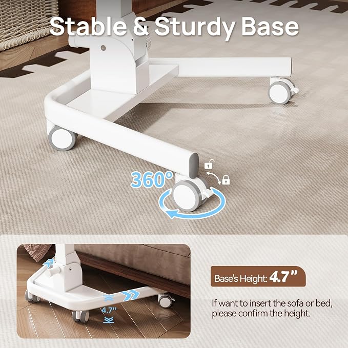Foldable Mobile Standing Desk, 90 Tiltable Rolling Standing Desk, Height Adjustable Portable Laptop Workstation for Home Office, Easy to Fold, White
