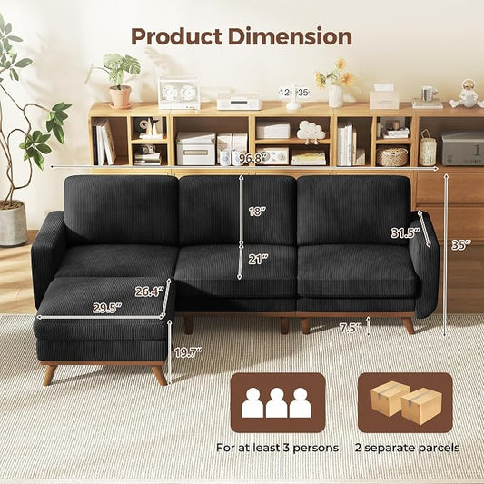 Vesgantti 97" Modular Sectional Sofa Black, L-Shaped Couch with Movable Ottoman, Comfy Corduroy Couch with Spring Cushion, Modular Sofa with Deep Seat for Living Room, Bedroom and Apartment