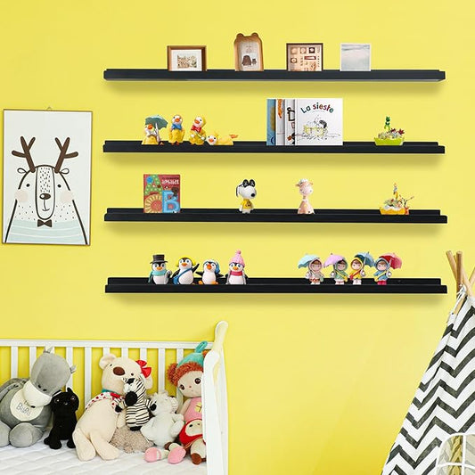 PHOENANCEE Long Floating Shelves for Wall 57 Inch,Real Wood Picture Ledge with Lip Set of 4,Photo Frame Storage Display for Living Room Nursery Bedroom Bathroom Kitchen Home Office Decor Rustic Black