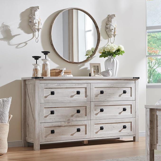 T4TREAM 54" Wide Farmhouse 6-Drawer Dresser for Bedroom, Antique Brush White